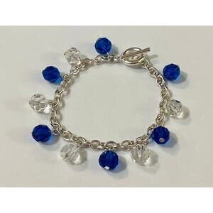 Blue & White Glass Beads Silver Toggle Bracelet